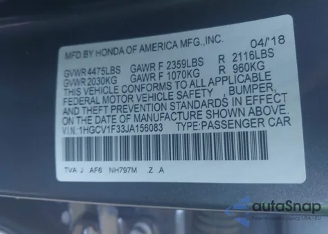 2018 Honda Accord Sport z USA, uszkodzony, nr VIN 1HGCV1F33JA156083